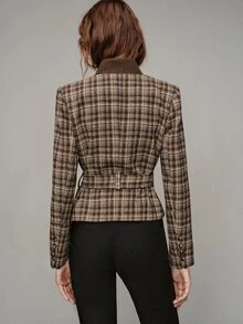 MOTF PREMIUM Short Waist-Cinching Plaid Wide Shoulder Regular Jacket, Autumn/Winter - Coffee Brown - View 2