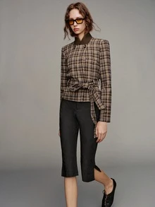 MOTF PREMIUM Short Waist-Cinching Plaid Wide Shoulder Regular Jacket, Autumn/Winter - Coffee Brown - View 1