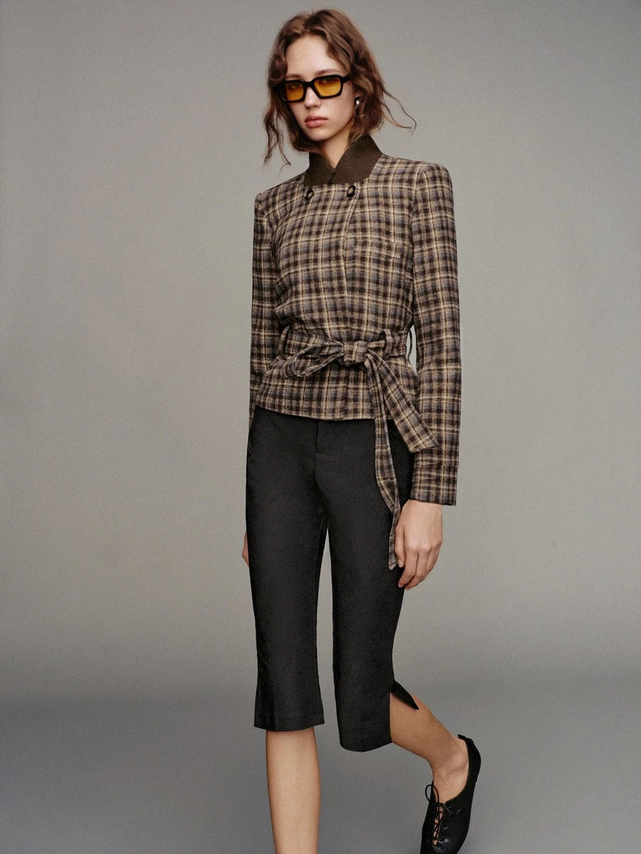 MOTF PREMIUM Short Waist-Cinching Plaid Wide Shoulder Regular Jacket, Autumn/Winter - Coffee Brown - View 1