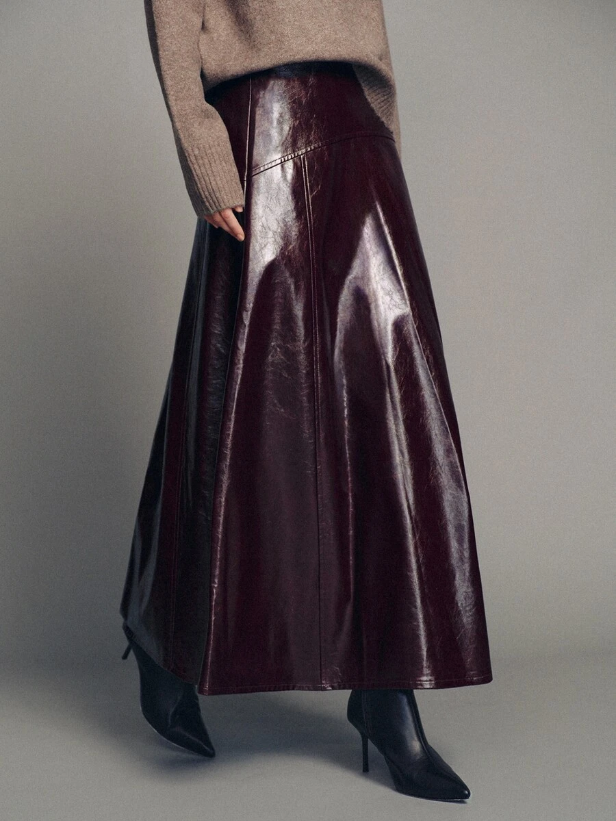MOTF PREMIUM Women's A-Line Shiny PU Urban Modern Midi Skirt - Coffee Brown - View 2