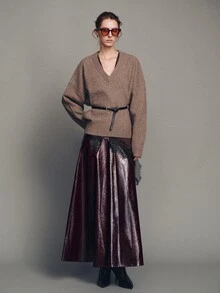 MOTF PREMIUM Women's A-Line Shiny PU Urban Modern Midi Skirt - Coffee Brown - View 3