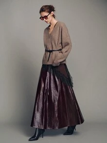 MOTF PREMIUM Women's A-Line Shiny PU Urban Modern Midi Skirt - Coffee Brown - View 4