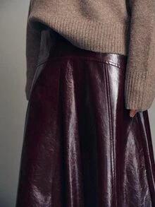 MOTF PREMIUM Women's A-Line Shiny PU Urban Modern Midi Skirt - Coffee Brown - View 6