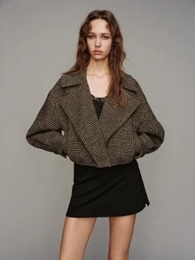 MOTF PREMIUM HOUNDSTOOTH PATTERN OVERSIZED LAPEL LOOSE CROPPED OVERCOAT - Coffee Brown - View 2