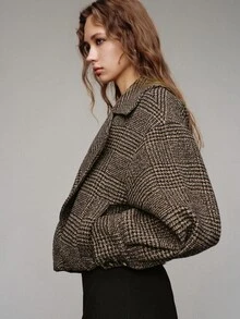 MOTF PREMIUM HOUNDSTOOTH PATTERN OVERSIZED LAPEL LOOSE CROPPED OVERCOAT - Coffee Brown - View 1