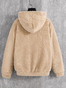 SHEIN 青少年男孩毛絨連帽字母刺繡寬鬆衛衣，適合秋冬校園、運動、外出與聚會，百搭百用 - 卡其色 - 查看 2