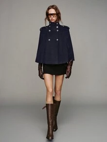 MOTF PREMIUM WOMEN'S STAND COLLAR SHORT CAPE OVERCOAT - Navy Blue - View 6