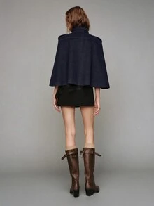 MOTF PREMIUM WOMEN'S STAND COLLAR SHORT CAPE OVERCOAT - Navy Blue - View 7