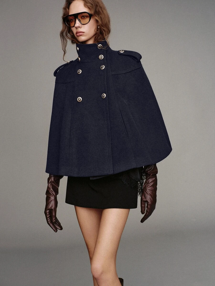 MOTF PREMIUM WOMEN'S STAND COLLAR SHORT CAPE OVERCOAT - Navy Blue - View 1