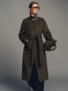MOTF PREMIUM WOOL COLORBLOCK PATCHWORK MID-LENGTH BELTED OVERCOAT - Army Green - View 1