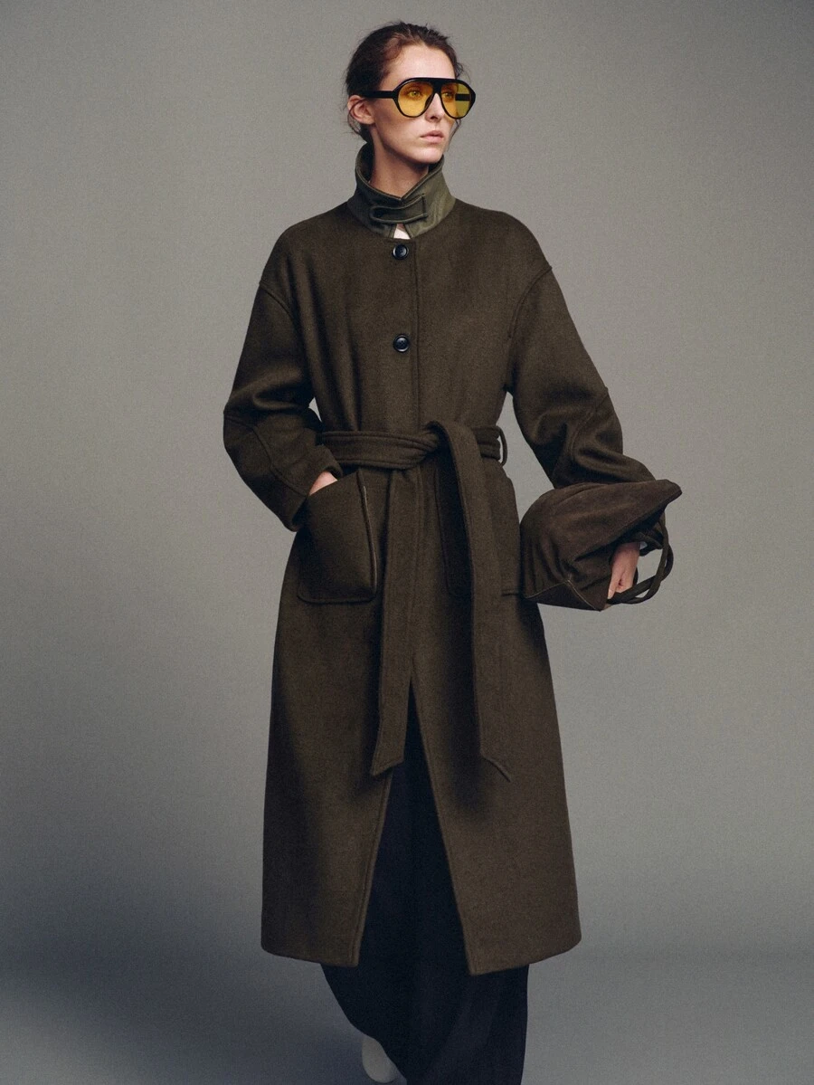 MOTF PREMIUM WOOL COLORBLOCK PATCHWORK MID-LENGTH BELTED OVERCOAT - Army Green - View 1
