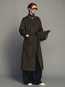 MOTF PREMIUM WOOL COLORBLOCK PATCHWORK MID-LENGTH BELTED OVERCOAT - Army Green - View 3