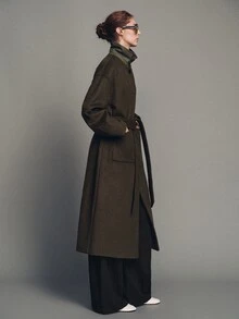 MOTF PREMIUM WOOL COLORBLOCK PATCHWORK MID-LENGTH BELTED OVERCOAT - Army Green - View 4