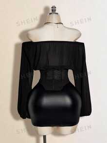 SHEIN ICON 女士棕色露肩长袖西式拼接腰部上衣，秋冬季 - 黑色 - 查看 3