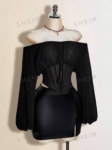 SHEIN ICON 女士棕色露肩长袖西式拼接腰部上衣，秋冬季 - 黑色 - 查看 5