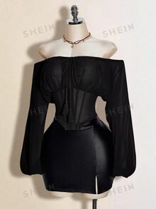 SHEIN ICON 女士棕色露肩长袖西式拼接腰部上衣，秋冬季 - 黑色 - 查看 9
