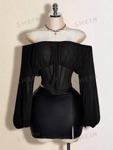 SHEIN ICON 女士棕色露肩长袖西式拼接腰部上衣，秋冬季 - 黑色 - 查看 1