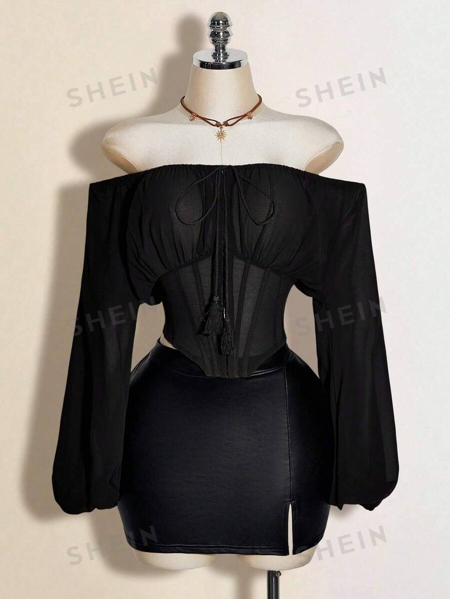SHEIN ICON 女士棕色露肩长袖西式拼接腰部上衣,秋冬季 - 黑色 - 查看 1