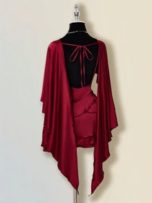 SHEIN ICON Satin Backless Ruffle Hem Fitted Mini Dress With Sash Shawl For Women - Burgundy - View 9