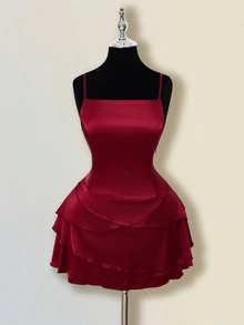 SHEIN ICON Satin Backless Ruffle Hem Fitted Mini Dress With Sash Shawl For Women - Burgundy - View 10