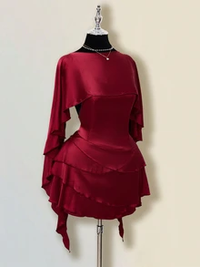 SHEIN ICON Satin Backless Ruffle Hem Fitted Mini Dress With Sash Shawl For Women - Burgundy - View 7
