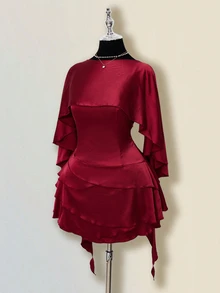 SHEIN ICON Satin Backless Ruffle Hem Fitted Mini Dress With Sash Shawl For Women - Burgundy - View 4