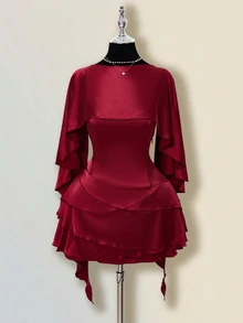 SHEIN ICON Satin Backless Ruffle Hem Fitted Mini Dress With Sash Shawl For Women - Burgundy - View 3
