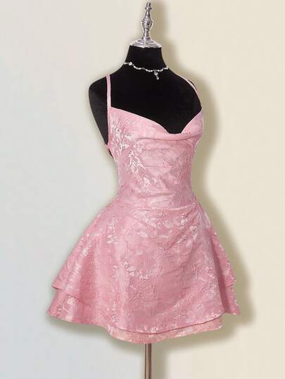 SHEIN ICON Women's Elegant Blush Pink Mini Party Dress, Sleeveless With A Chic Draped Cowl Neckline And Layered Tiered Skirt.