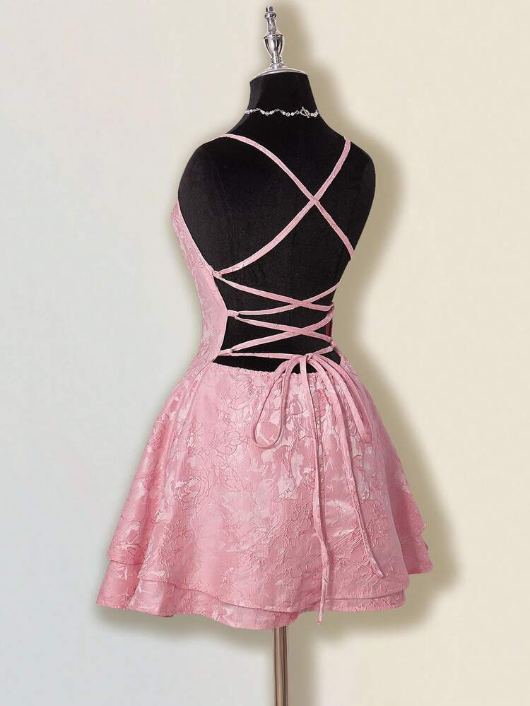 SHEIN ICON Women's Elegant Blush Pink Mini Party Dress, Sleeveless With A Chic Draped Cowl Neckline And Layered Tiered Skirt. - Pink - View 7
