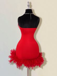 SHEIN ICON Women's Rhinestone Embellished Deep V Neck Sleeveless Mini Dress With Furry Hem, Party Wear - Red - View 4