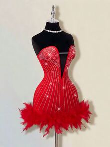SHEIN ICON Women's Rhinestone Embellished Deep V Neck Sleeveless Mini Dress With Furry Hem, Party Wear - Red - View 8