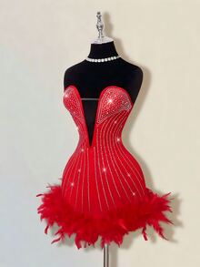 SHEIN ICON Women's Rhinestone Embellished Deep V Neck Sleeveless Mini Dress With Furry Hem, Party Wear - Red - View 6