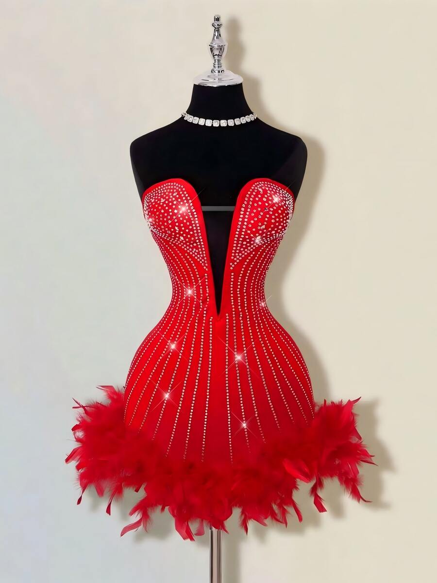 SHEIN ICON Women's Rhinestone Embellished Deep V Neck Sleeveless Mini Dress With Furry Hem, Party Wear - Red - View 1
