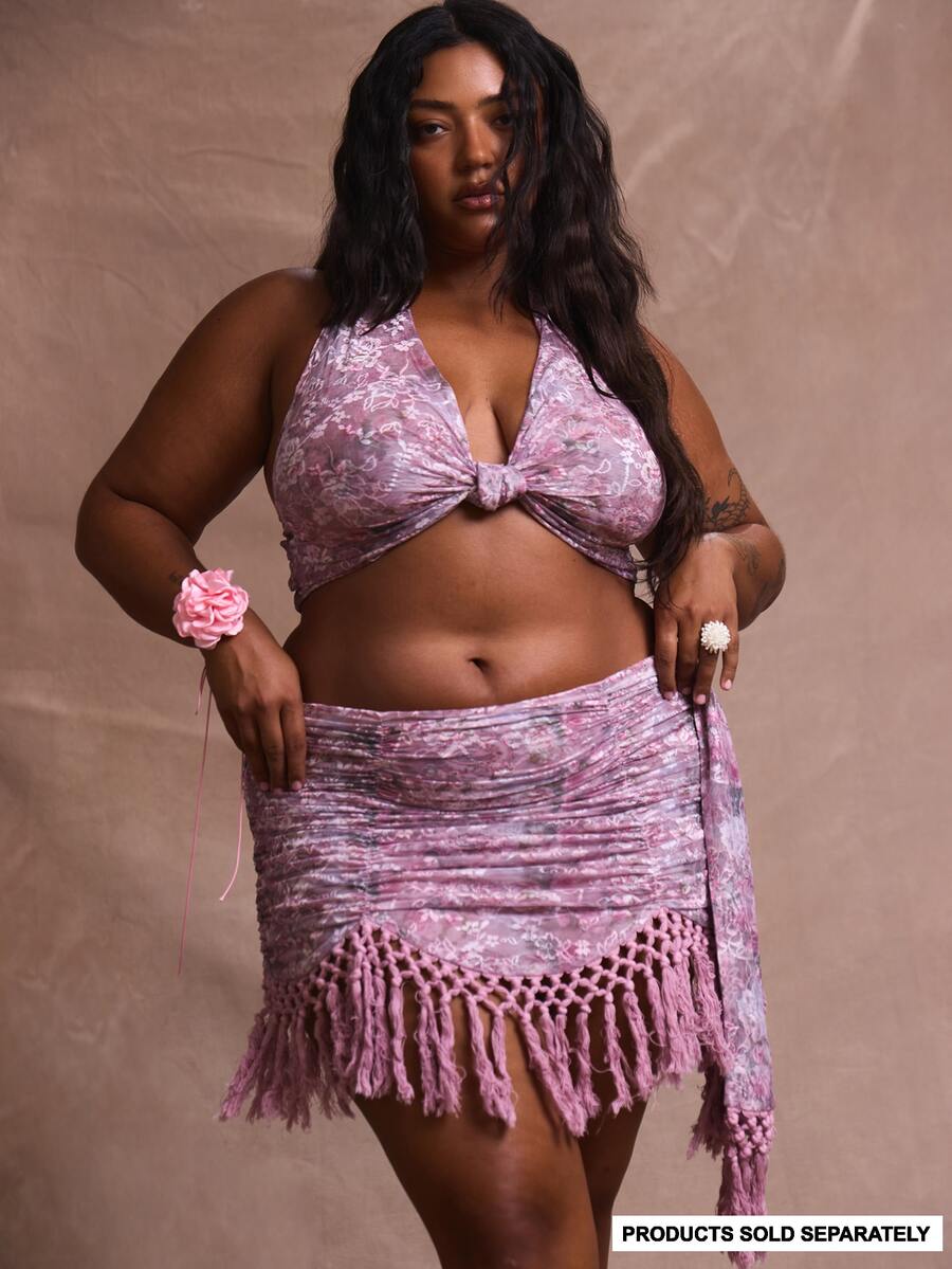 MUSERA Plus Halterneck Lace Twist Front Crop Top Holiday Swim Sexy Romantic Elegant Club Spring Summer - Multicolor - View 1
