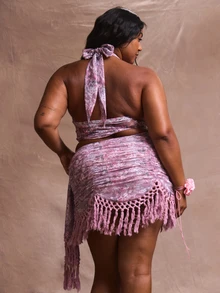 MUSERA Plus Halterneck Lace Twist Front Crop Top Holiday Swim Sexy Romantic Elegant Club Spring Summer - Multicolor - View 4
