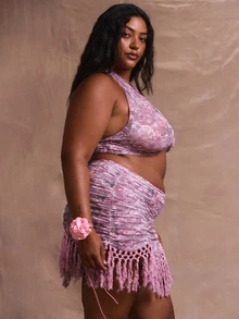MUSERA Plus Halterneck Lace Twist Front Crop Top Holiday Swim Sexy Romantic Elegant Club Spring Summer - Multicolor - View 3