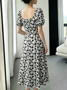 Tideelle Floral Print Square Neck Ruched Bust Elegant Short Sleeve Dress - White - View 3