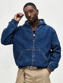 ROMWE MEN Street Life Men's Long Sleeve Zip-Up Casual Pocket Hooded Denim Jacket - Blue - View 6
