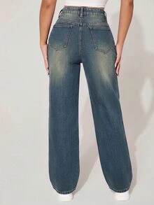 SHEIN PETITE 休閒水洗磨損直筒牛仔褲 - 中等水洗藍 - 查看 2