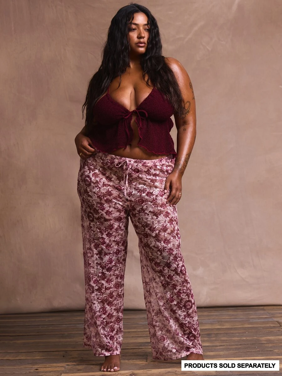 MUSERA Plus Size Tie Front Lace Wide Leg Trousers Cover Up Holiday Swim Sexy Romantic Elegant Summer Vacation - Multicolor - View 1