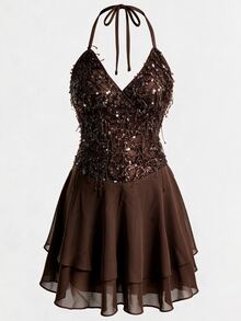SHEIN Allurite Vestido mini de gasa de doble capa con escote halter en V, lentejuelas y borlas marrones, espalda abierta, para fiesta de bienvenida, sororidad, Halloween, otoño, cita, Y2K, elegante, disco - Marrón - Ver 4