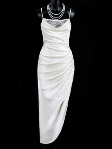 SHEIN ICON ICON Solid-Color Elegant Satin Ruched Contrast Lace Backless Slip Formal Prom Women Dresses - White - View 10