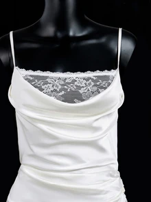 SHEIN ICON ICON Solid-Color Elegant Satin Ruched Contrast Lace Backless Slip Formal Prom Women Dresses - White - View 4