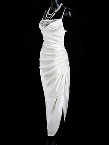 SHEIN ICON ICON Solid-Color Elegant Satin Ruched Contrast Lace Backless Slip Formal Prom Women Dresses - White - View 3