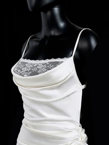 SHEIN ICON ICON Solid-Color Elegant Satin Ruched Contrast Lace Backless Slip Formal Prom Women Dresses - White - View 5