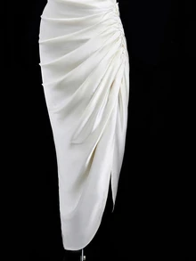 SHEIN ICON ICON Solid-Color Elegant Satin Ruched Contrast Lace Backless Slip Formal Prom Women Dresses - White - View 6