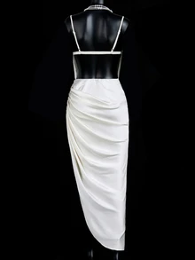 SHEIN ICON ICON Solid-Color Elegant Satin Ruched Contrast Lace Backless Slip Formal Prom Women Dresses - White - View 2