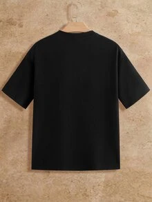 HIMLAND Men's Solid Color Round Neck Short Sleeve Casual Versatile T-Shirt, Vacation, Father's Day Gifts, Football - Black - View 2