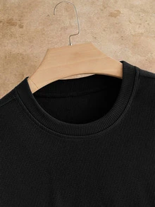 HIMLAND Men's Solid Color Round Neck Short Sleeve Casual Versatile T-Shirt, Vacation, Father's Day Gifts, Football - Black - View 5