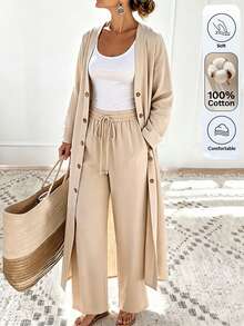Yunfilé Women's Vacation Solid Color Button Long Sleeve Shirt And Drawstring Waist Pocket Pants 2 Pieces Set - Apricot - View 4